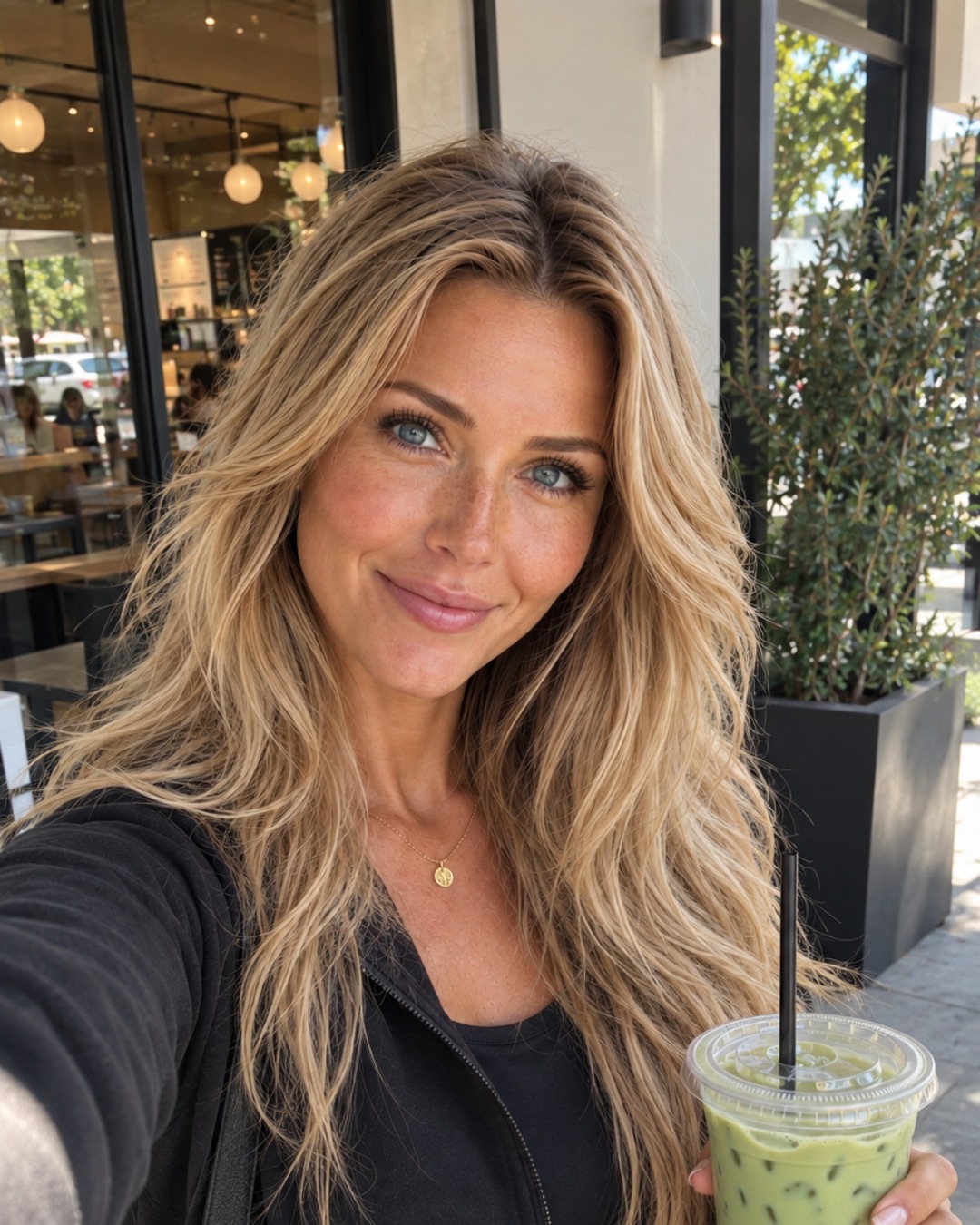 The same AI woman getting coffee